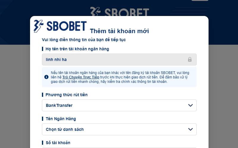 Thêm tài khoản mới với ngân hàng.